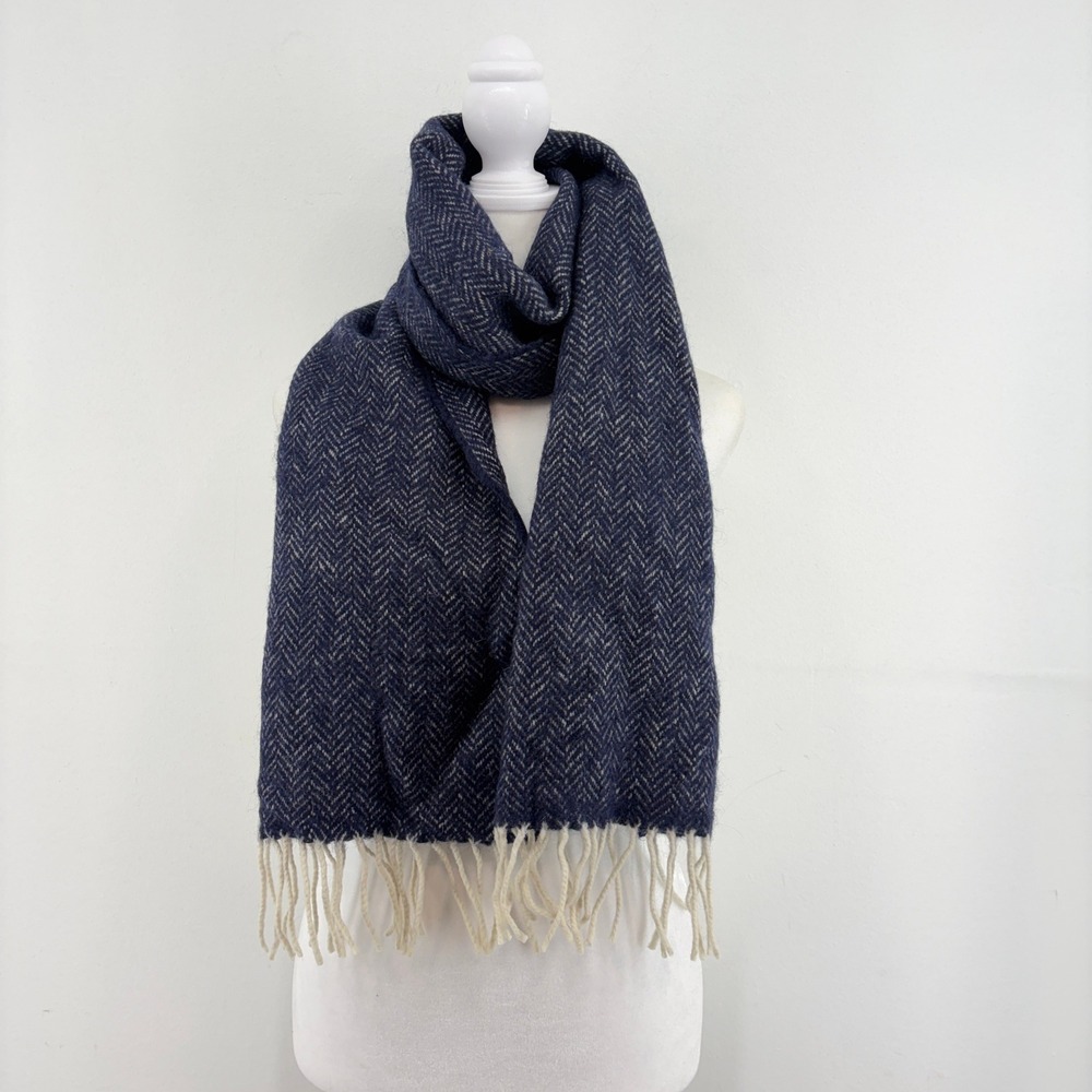 J.Crew Navy Cream Herringbone Mohair Virgin Wool Blend Scarf Made in Italy Soft